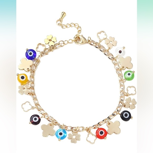 Gold evil eye and four leaf clover charm bracelet - Picture 1 of 3